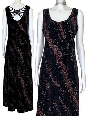 Vintage 90s Y2K Black Velvet Prom Formal Dress Red Glitter. Large 12. Whimsigoth